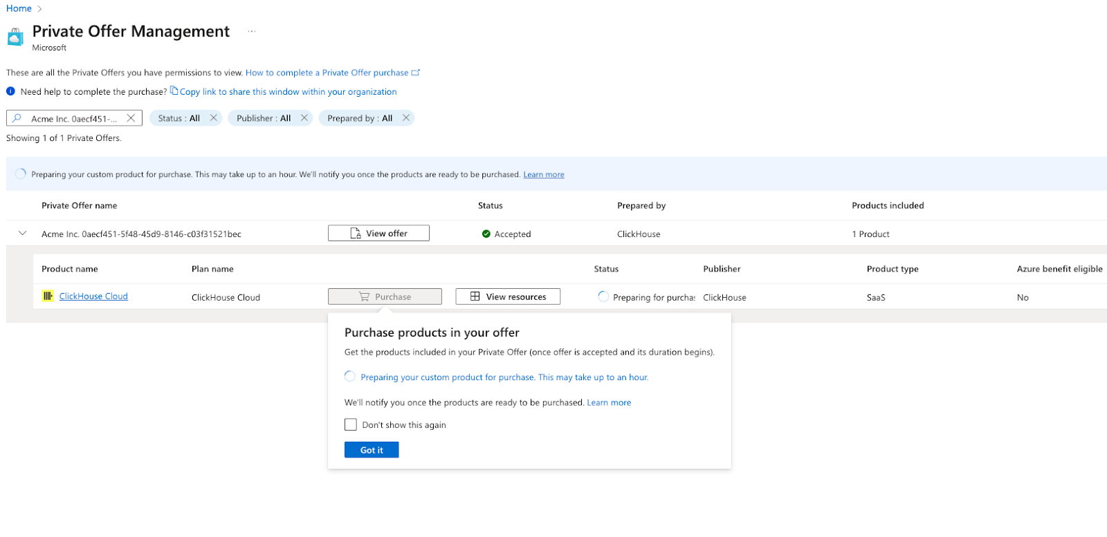 Azure Marketplace Private Offer Management 페이지